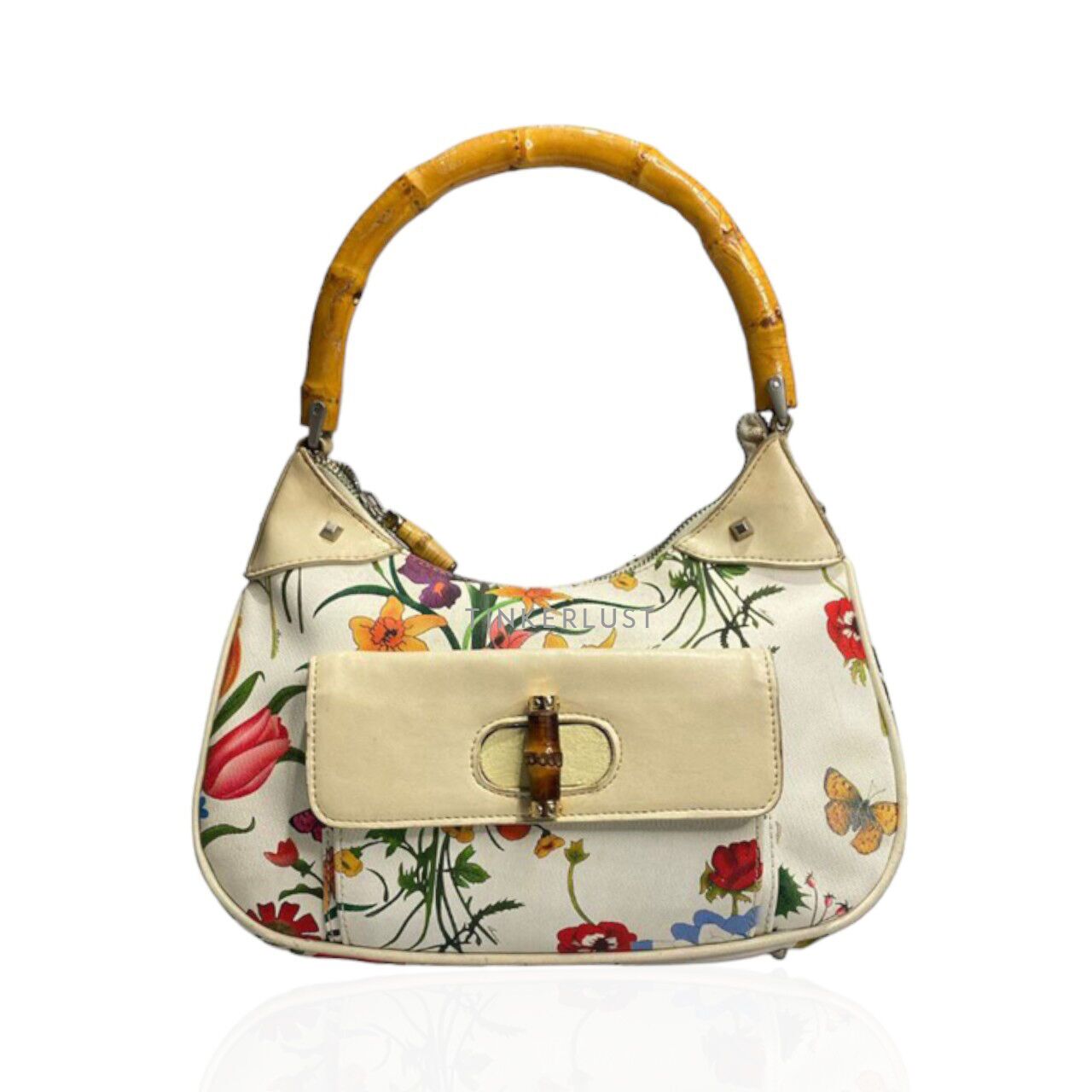 tas handbag Gucci Floral Bamboo Canvas Vintage Handbag Tinkerlust